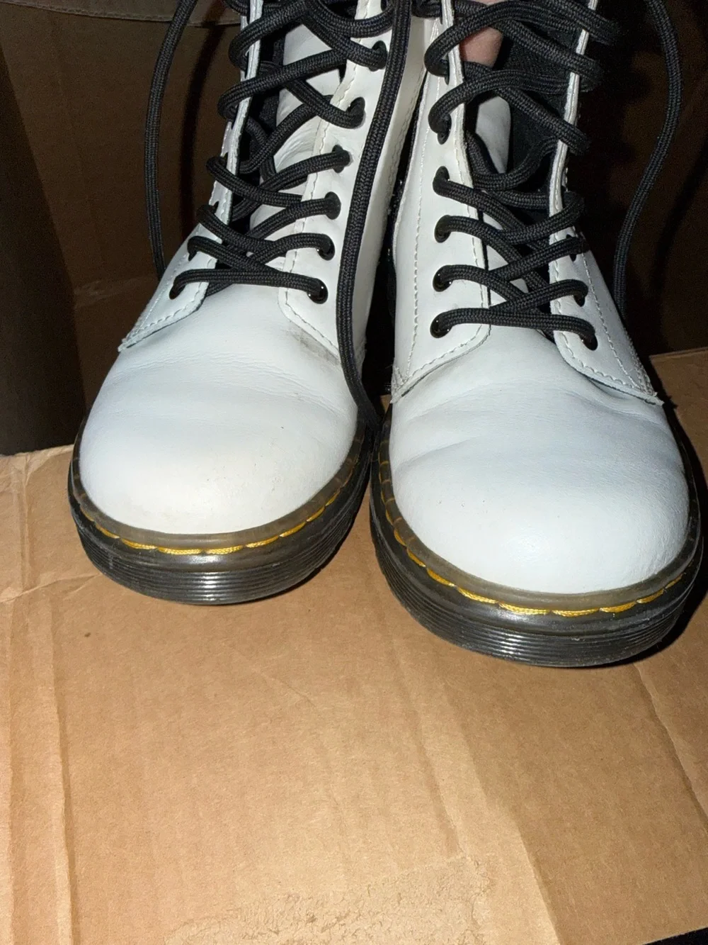 Dr. Martens Black and White Lace-Up Boots with Yellow Heel Loop
